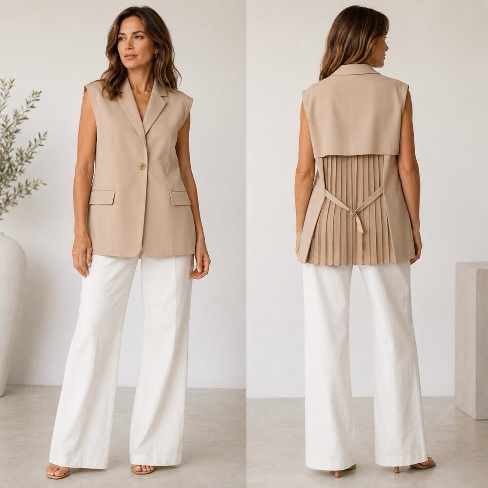 TIBI Blazer Vest Large Blush Pink Sheer Pleated Back Belted Quiet Luxury